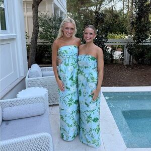 Strapless Floral Wide-Leg Jumpsuit in Light Blue